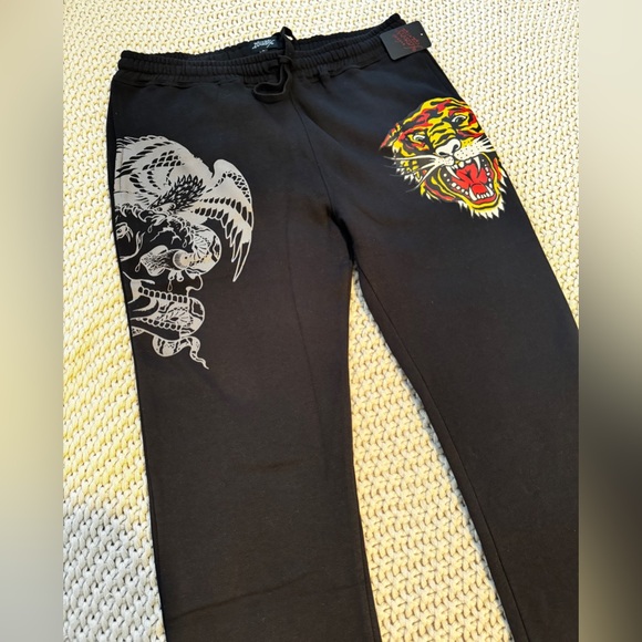 Ed Hardy Joggers Mens Graphic Tigger Eagle Fleece Black Sweatpants Size M - Picture 1 of 10